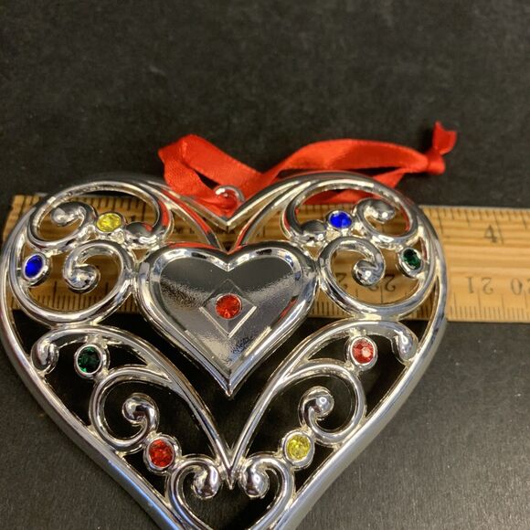 Lenox Christmas Ornament Sparkle And Scroll Multi Crystal Heart Silverplate - Picture 5 of 5
